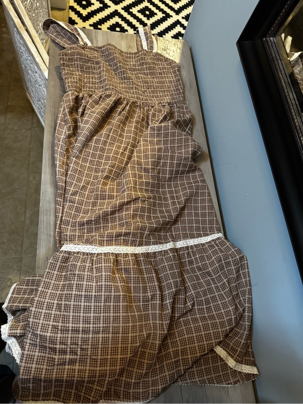 Cider Brown Gingham Midi Dress with Square Neck and Trim - Picture 2 of 6